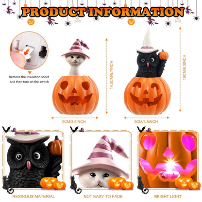 Ayieyill Halloween Figurines Set of 2, Cat and Owl on Pumpkin Decor with LED Lights for Halloween Decorations Indoor nirvanaguru