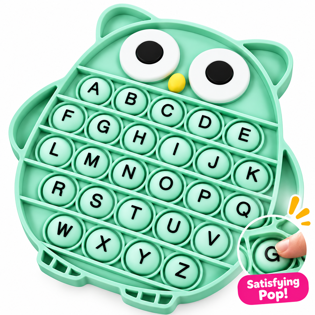 Push Pop Bubble Fidget Sensory Toy - Silicone Stress Relief Popping Toy - ABC Alphabet Owl Shaped Educational Learning Tools for Toddlers Kids Students (Black Letters-Green)