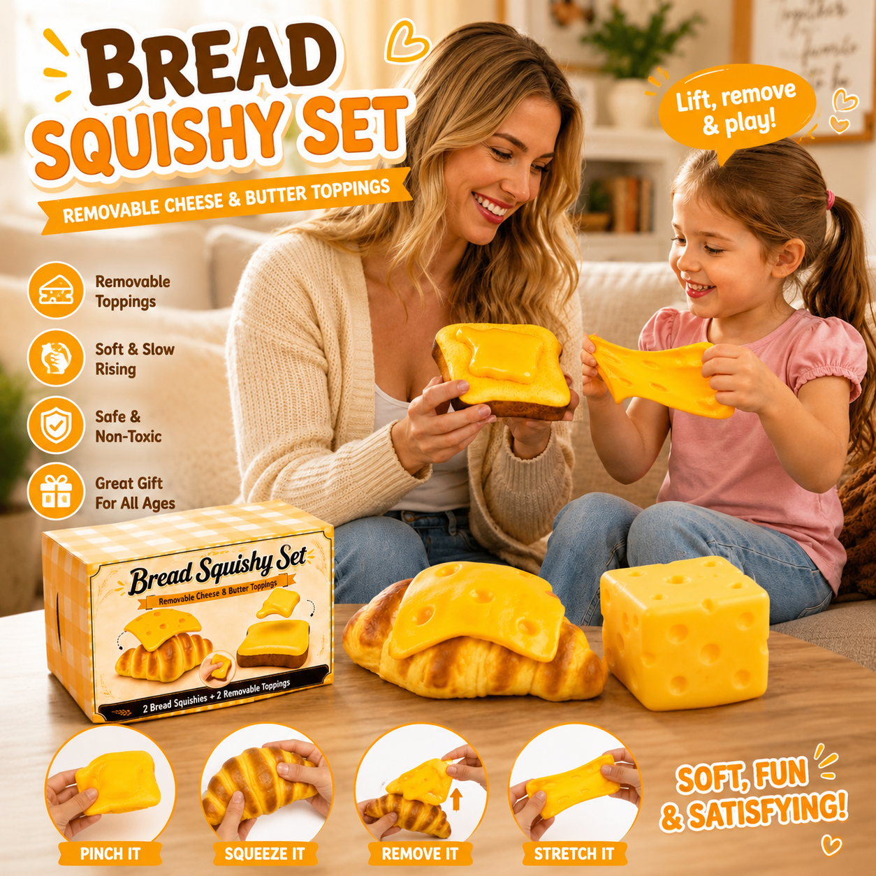 Bread Butter Cheese Croissant Set - 3PCS Food Squishy with Removable Butter & Cheese Slice - Jumbo Squishies Slow Rising Squeeze Toy for Stress Relief - Sensory Gift for Kids Teens Adults Nirvana Guru