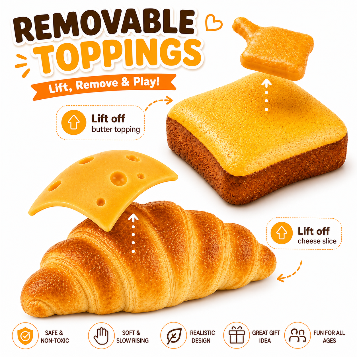 Bread Butter Cheese Croissant Set - 3PCS Food Squishy with Removable Butter & Cheese Slice - Jumbo Squishies Slow Rising Squeeze Toy for Stress Relief - Sensory Gift for Kids Teens Adults Nirvana Guru