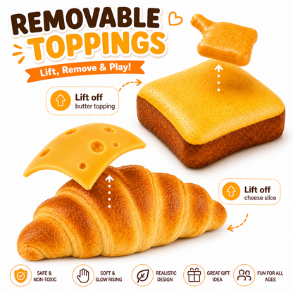 Bread Butter Cheese Croissant Set - 3PCS Food Squishy with Removable Butter & Cheese Slice - Jumbo Squishies Slow Rising Squeeze Toy for Stress Relief - Sensory Gift for Kids Teens Adults Nirvana Guru