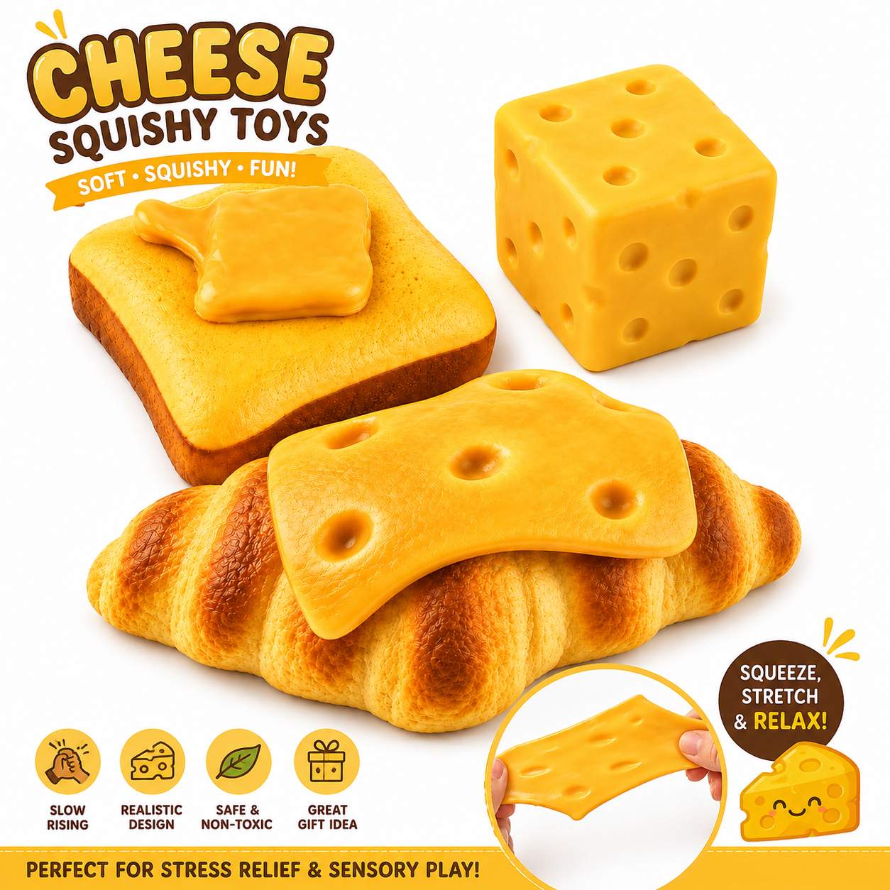 Bread Butter Cheese Croissant Set - 3PCS Food Squishy with Removable Butter & Cheese Slice - Jumbo Squishies Slow Rising Squeeze Toy for Stress Relief - Sensory Gift for Kids Teens Adults Nirvana Guru