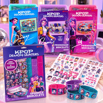 KPop Demon Hunters Bracelet Making Combo – Sparkle Bracelet Kit + Rumi, Mira & Zoey Friendship Bracelet 3-Pack