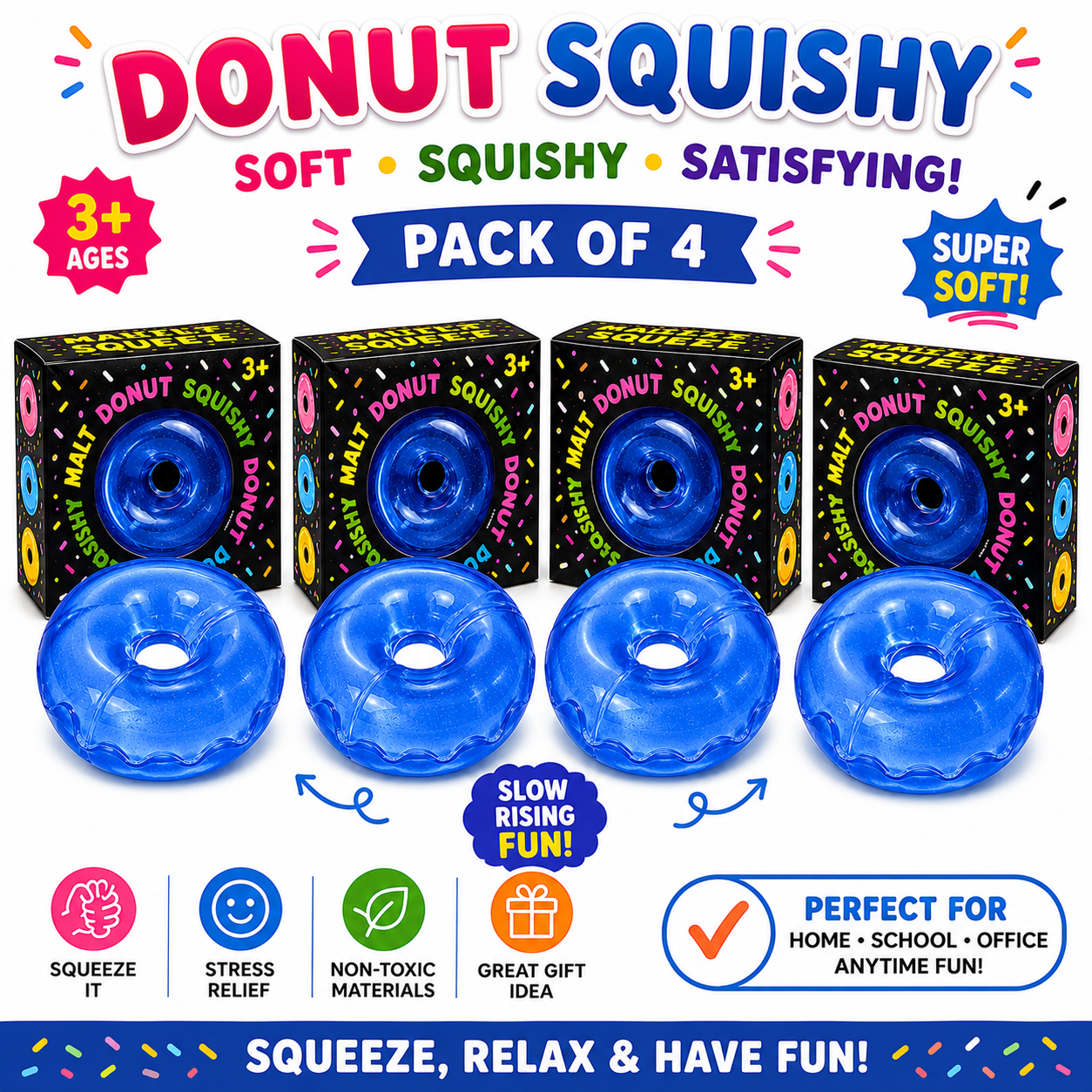 Donut Squishy Toy – Blue Soft Slow Rising Stress Relief Sensory Fidget Squeeze Toys for Kids & Adults - Squishy Donut Set Nirvana Guru