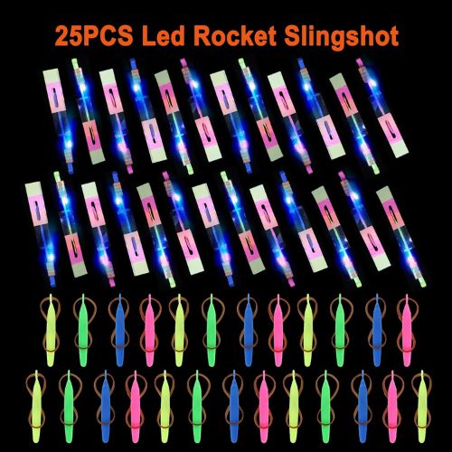25 Sets LED Flying Set, 25 Slingshot+25 Glow Helicopter-50 Pcs, Flying Toy Outdoor Toys Glow in The Dark Party Supplies Party Favors for Kids 8-12,4-8 nirvanaguru