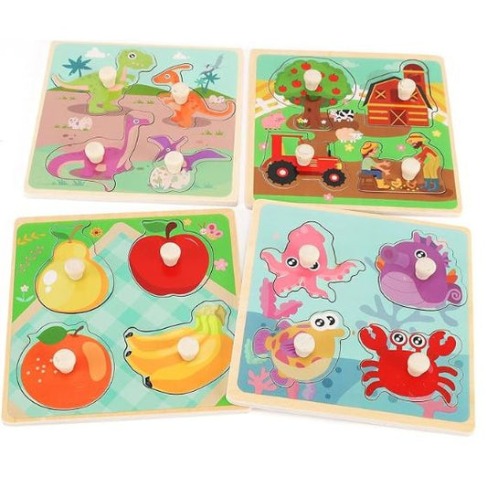 Wooden Peg Puzzles for Toddlers 1-3, Kids' Educational Preschool Peg Puzzle Toy, Set of 4 Toddler Puzzles - Farm, Dinosaur, Fruit and Marine Animals, Ideal Gift for Ages 1 2 3 Boys and Girls
