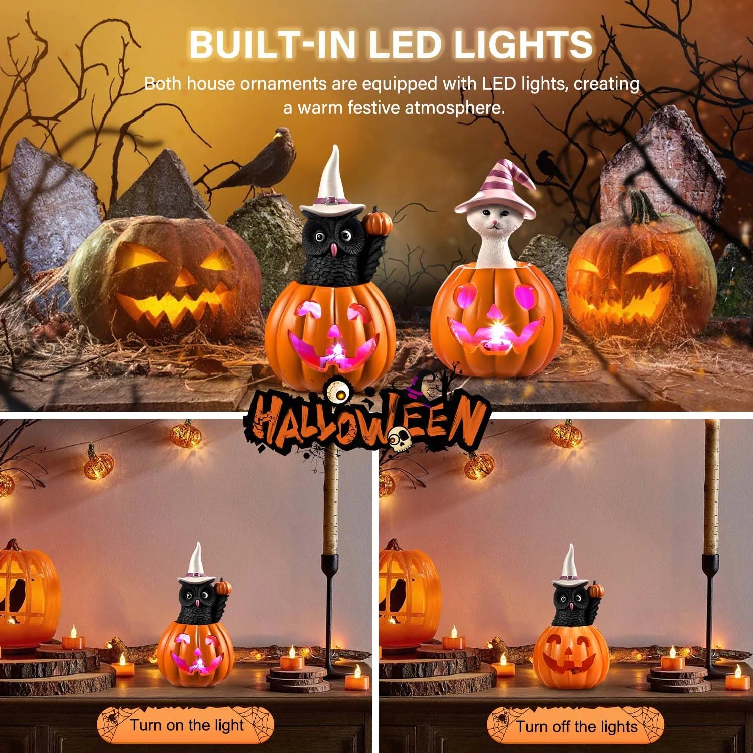 Ayieyill Halloween Figurines Set of 2, Cat and Owl on Pumpkin Decor with LED Lights for Halloween Decorations Indoor nirvanaguru