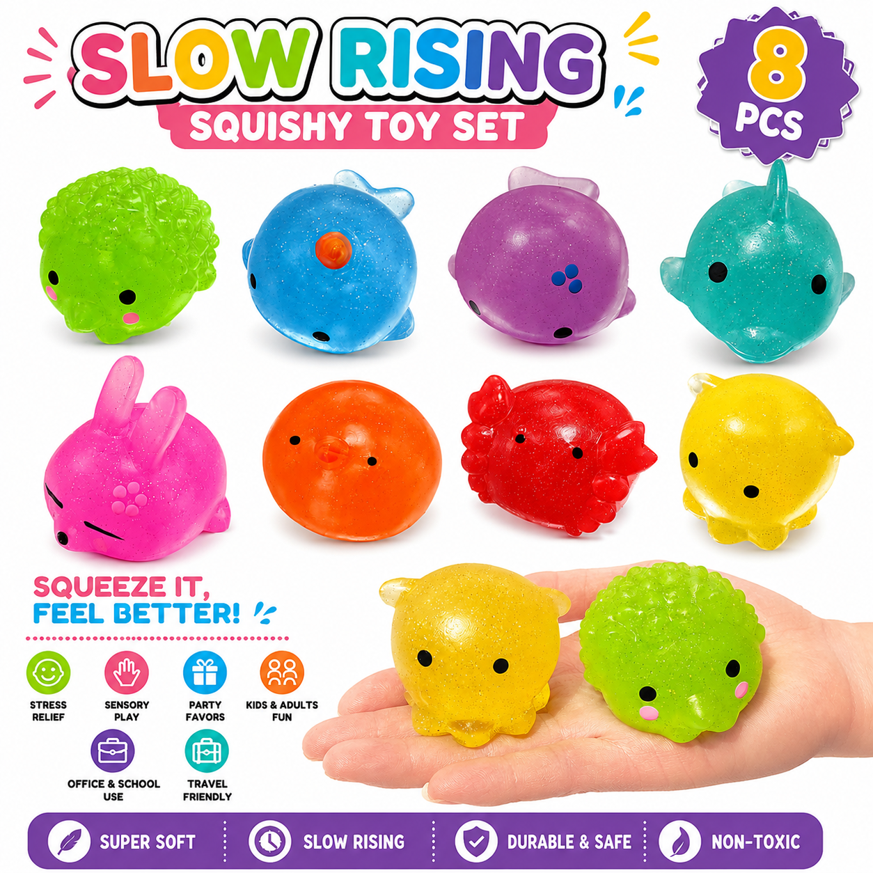 8 Pack Jumbo Glitter Mochi Squishy Toys Animals Squishy Stress Relief Toys Kids Party Favors