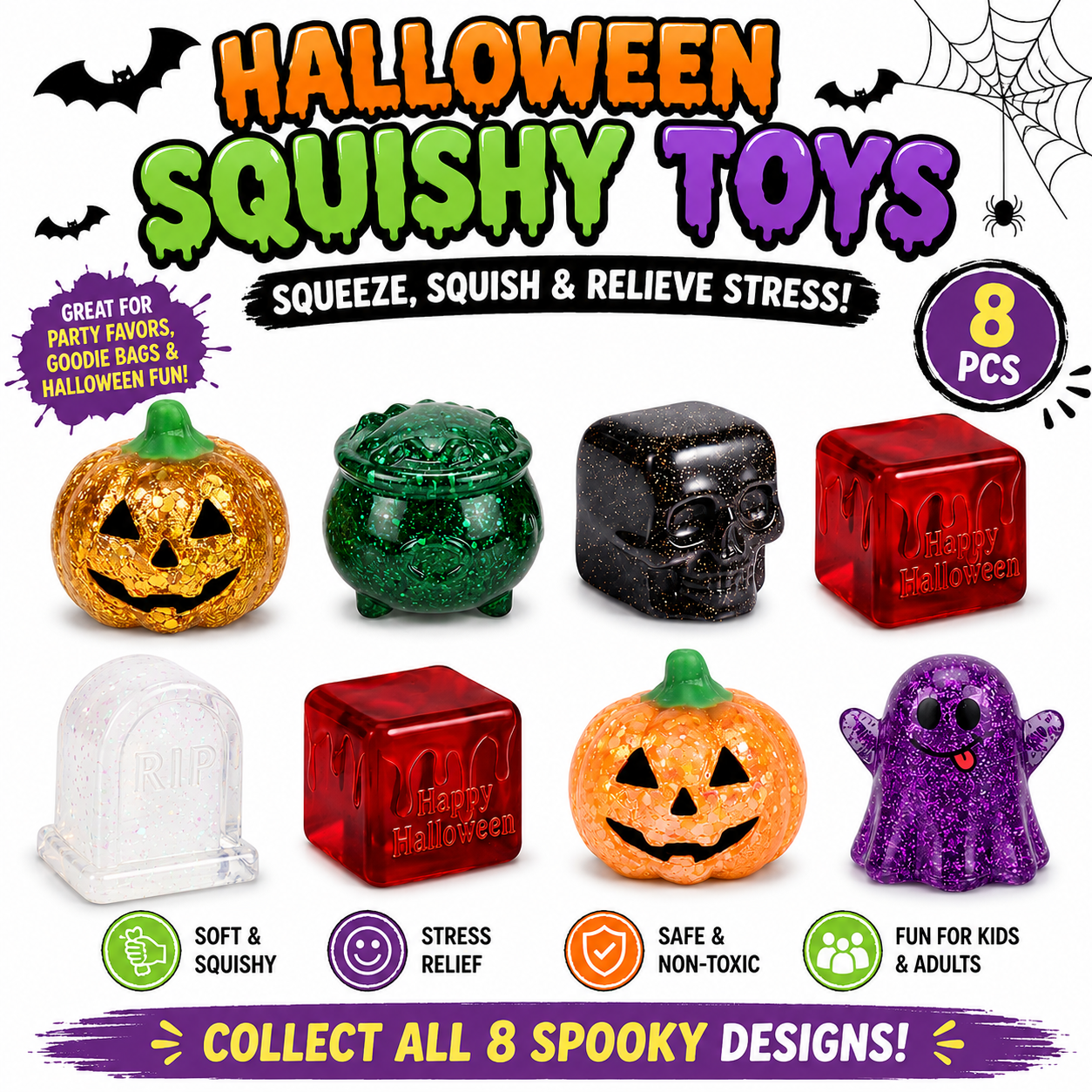 8pcs Halloween Squishy Toys,Stress Balls for Kids Stress Relief Halloween Party Favors-Trick or Treats Classroom Prizes Goodie Bag Fillers
