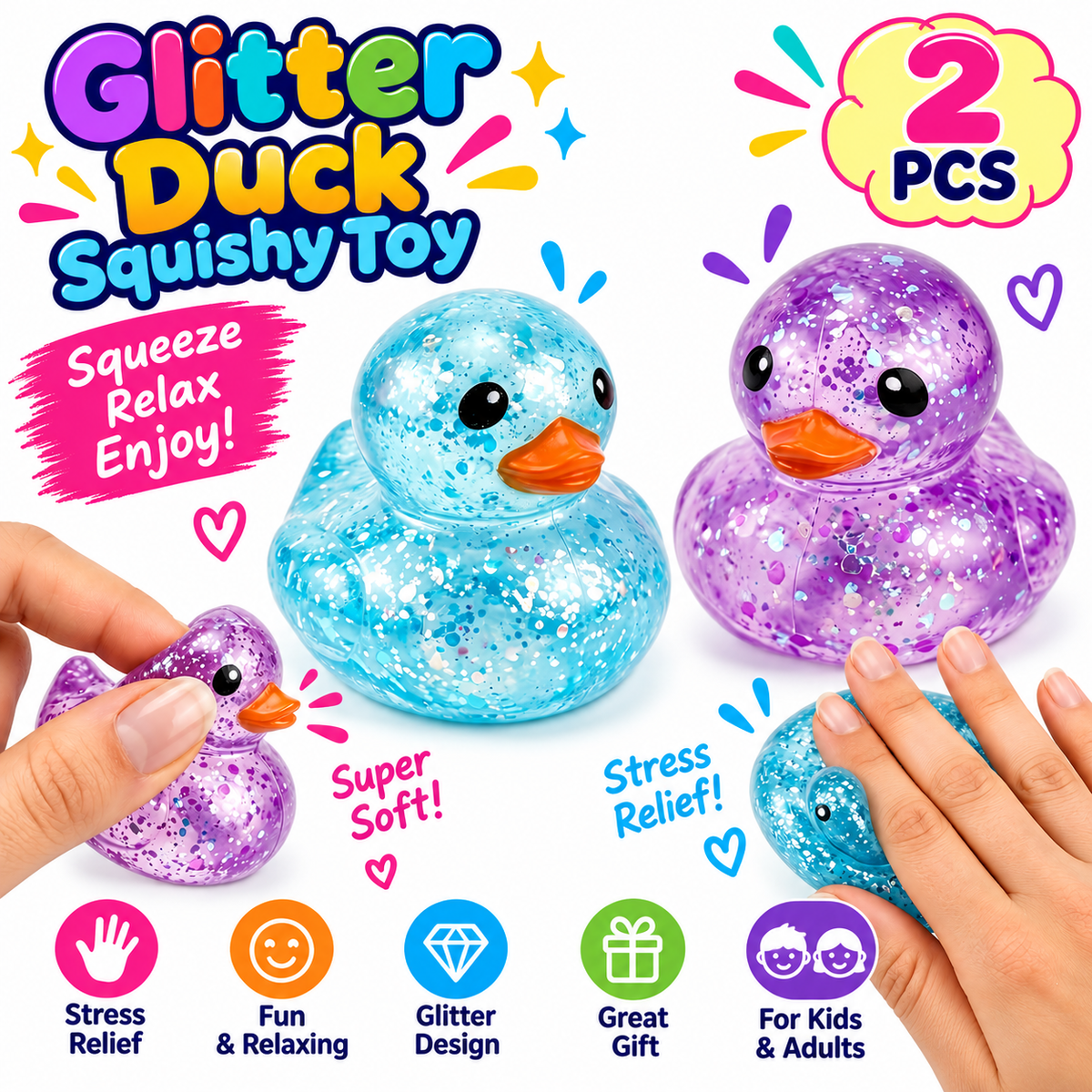 2Pcs Glitter Mini Duck Squishies - Soft Slow Rising Ducks Fidget Toys Stress Balls - Adult Relieve Anxiety Squishies Duck Stress Squeeze Toys - Suitable for Halloween - Christmas - Party Supplies