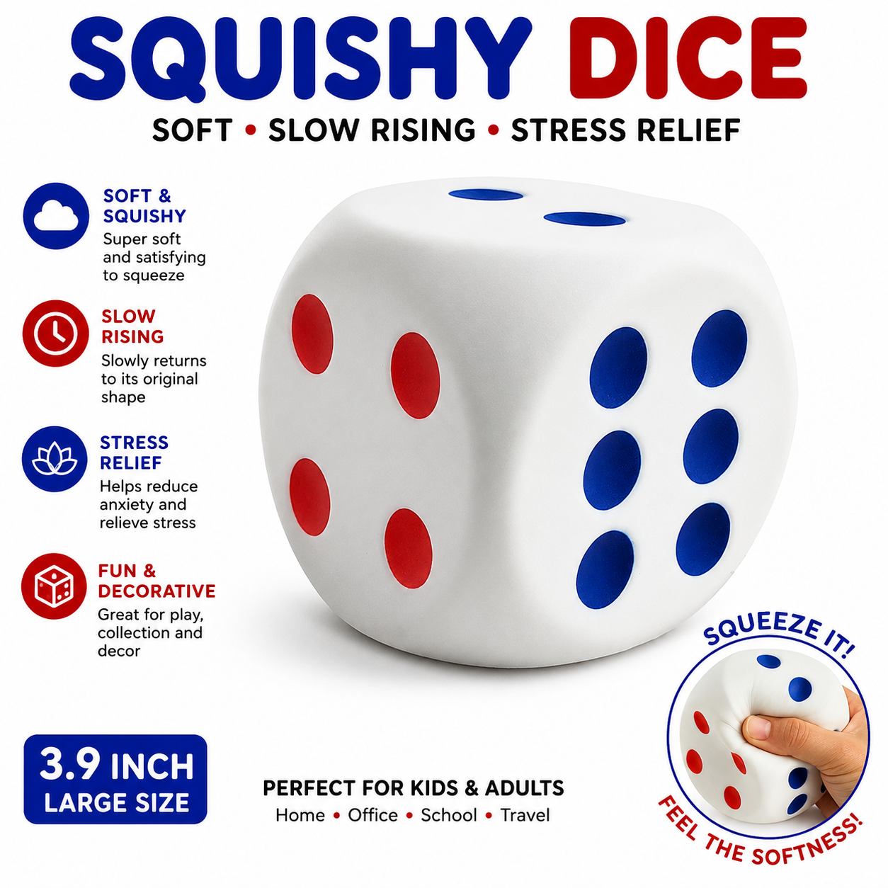 funny squee Large Dice Stress Ball - 3.1 Inches Foam Dice Squishies Toys for Kids Board Game - to Get Your Lucky Numbers!