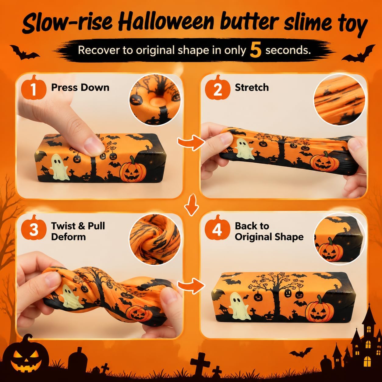 3Pcs Halloween Butter Squishy Toys - Ghost Slow Rising Squeeze Toys - Soft Sensory Fidget Toys - Halloween Themed Desktop Decorations for Kids & Adults - Random Designs Nirvana Guru