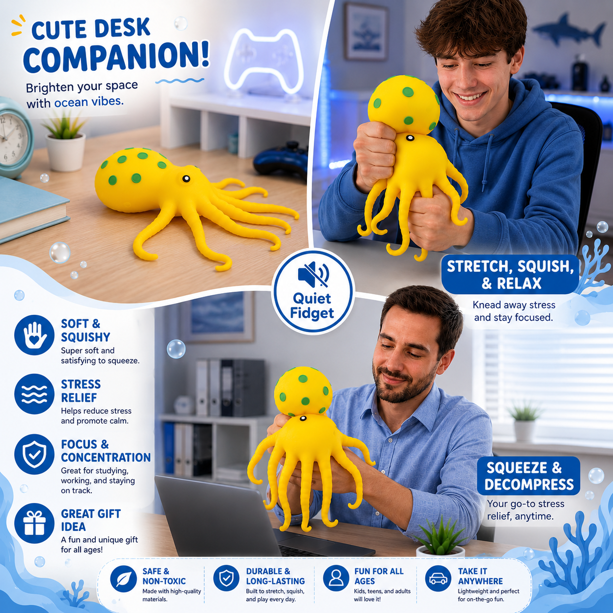 Octopus Squishy Toy - Squeeze Fidget Toys - Sea Animal Sensory Toy for Teens Adults - Birthday - Yellow Nirvana Guru