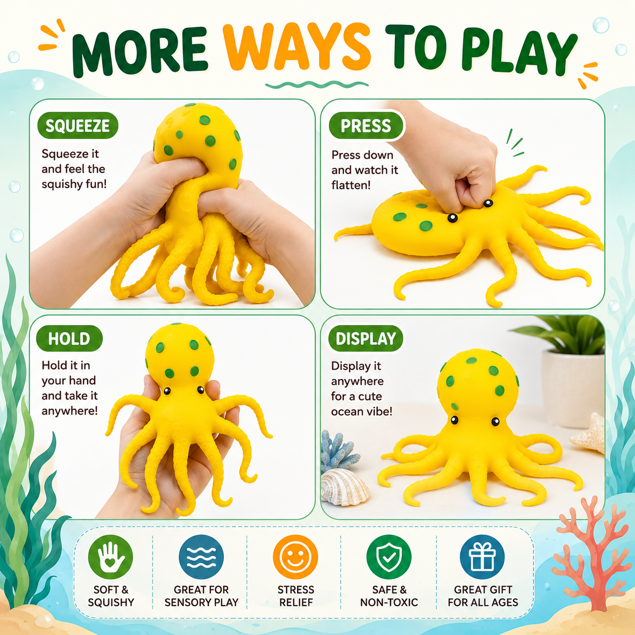 Octopus Squishy Toy - Squeeze Fidget Toys - Sea Animal Sensory Toy for Teens Adults - Birthday - Yellow Nirvana Guru