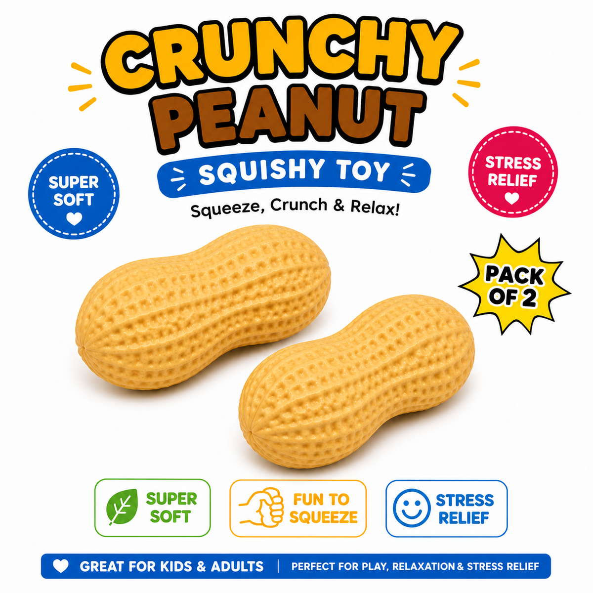 Crunchy Peanut Squishy Toys - Squeeze Fidget Toys for Stress Anxiety Relief Nirvana Guru