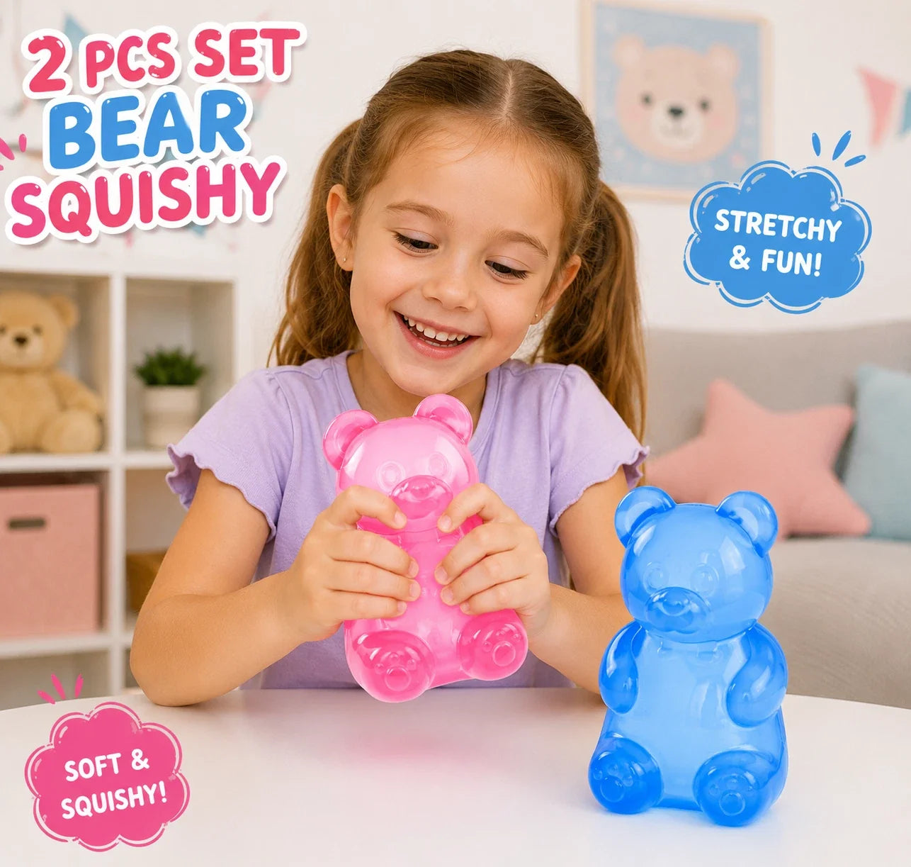 2-Piece Gummy Bear Squishy Toy Set - Sensory Fidget Squeeze Toys for Kids - Fun Party Favors and Gifts