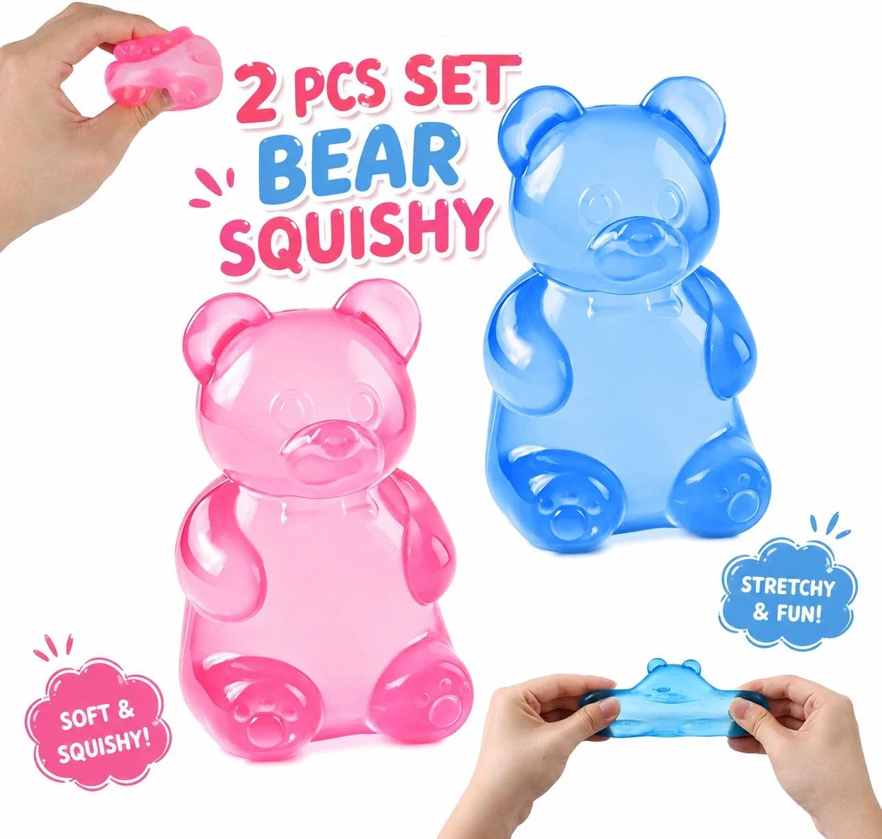 2-Piece Gummy Bear Squishy Toy Set - Sensory Fidget Squeeze Toys for Kids - Fun Party Favors and Gifts