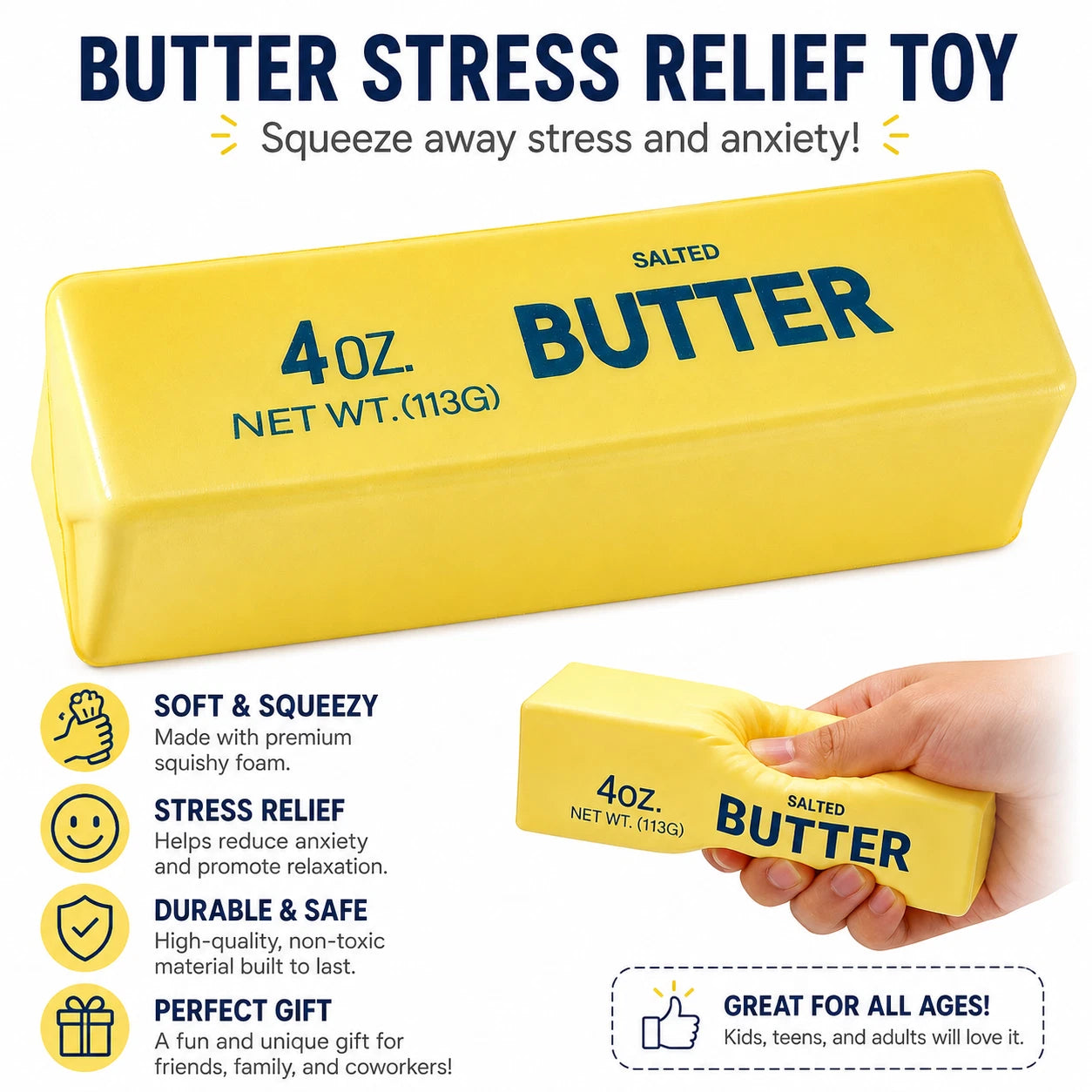 Squishy Toy Set - 4 Set Pack - Butter - Peanut & Cheese Block Soft Sensory Squeeze Toys for Kids and Adults Nirvana Guru