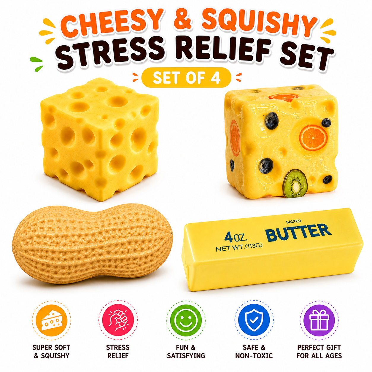 Squishy Toy Set - 4 Set Pack - Butter - Peanut & Cheese Block Soft Sensory Squeeze Toys for Kids and Adults Nirvana Guru