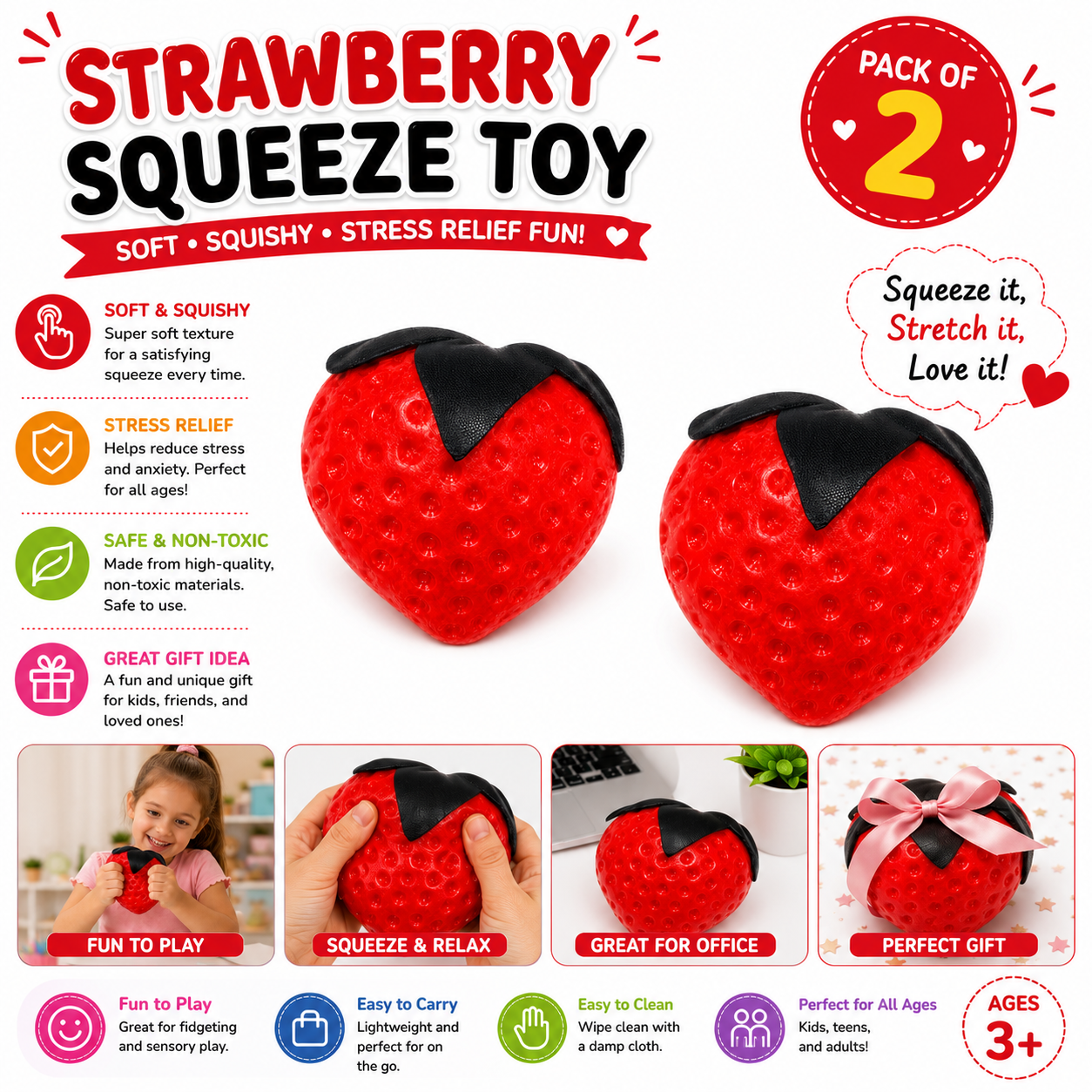 Strawberry Squishy Toy - Soft Squeeze Stress Relief Fidget Toy - Slow Rising Sensory Toy for Kids - Teens & Adults - Cute Strawberry Design Nirvana Guru