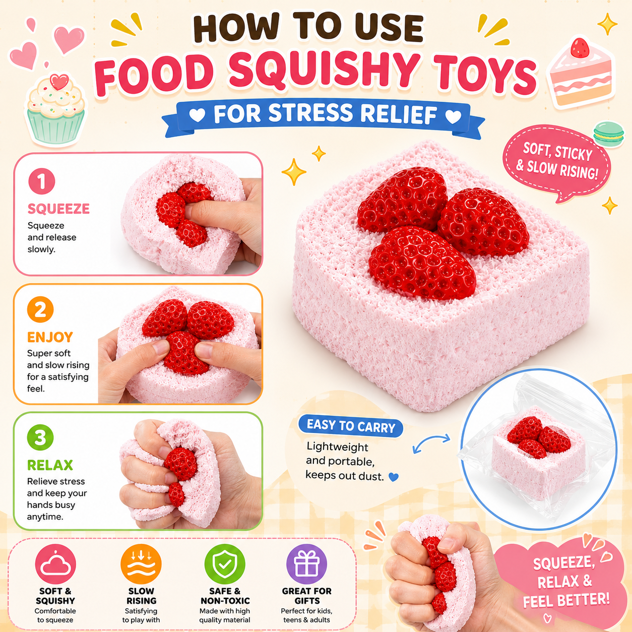 Strawberry Cake Squishy  Slow Rising Silicone Squeeze Fidget Sensory Stress Toy nirvanaguru