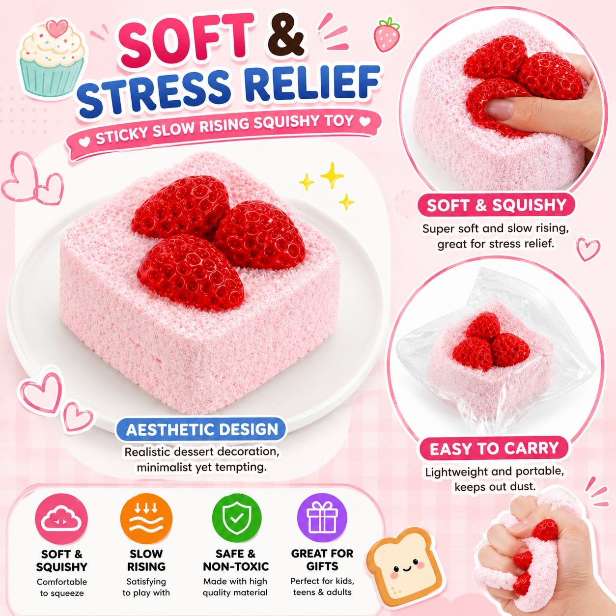 Strawberry Cake Squishy  Slow Rising Silicone Squeeze Fidget Sensory Stress Toy nirvanaguru