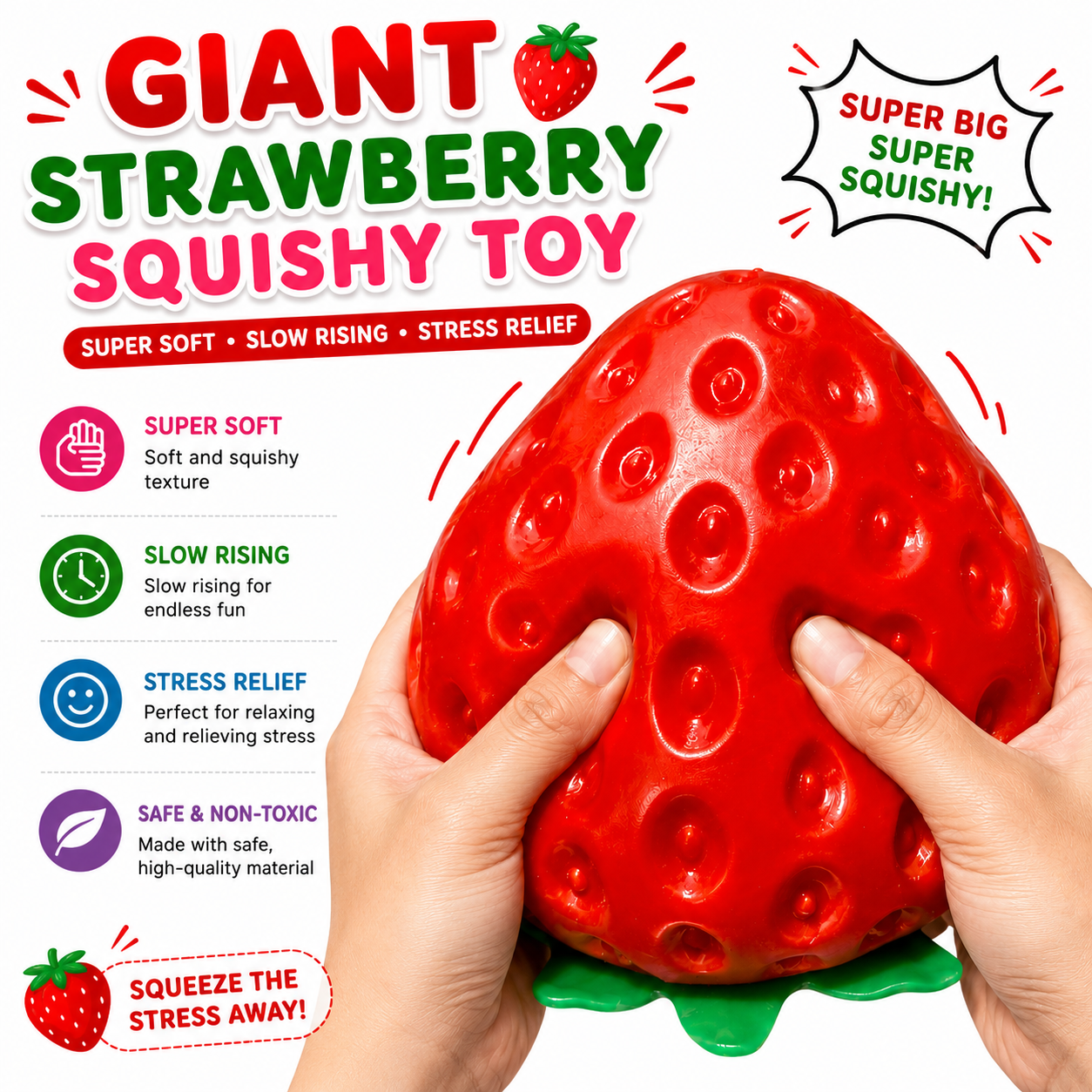 Strawberry Squishy, Strawberry Squishy Sensory Fidget Giant Jumbo Big Slow Rising Stress Ball Squeeze Toy Fruit Realistic for Relief, Adults Kids Gifts Party Favor Nirvana Guru
