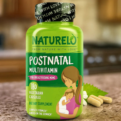 NATURELO Postnatal Multivitamin - Supplement for Breastfeeding Women - Plant-Based Vitamin D, Folate, Gentle Iron - for Nursing Mother, Baby - Post Natal Lactation Support 180 Capsules Nirvana Guru