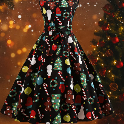 Christmas Dresses for Women Vintage Sleeveless Cocktail Dress Christmas Tree Santa Snow Printed Xmas Party Swing Dress nirvanaguru
