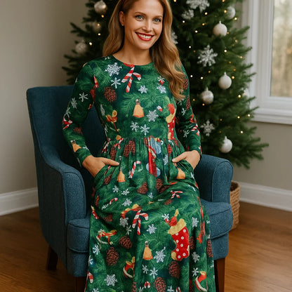 For G and PL Women's Ugly Christmas Maxi Dress Long Sleeve Graphic Outfit with Pockets nirvanaguru