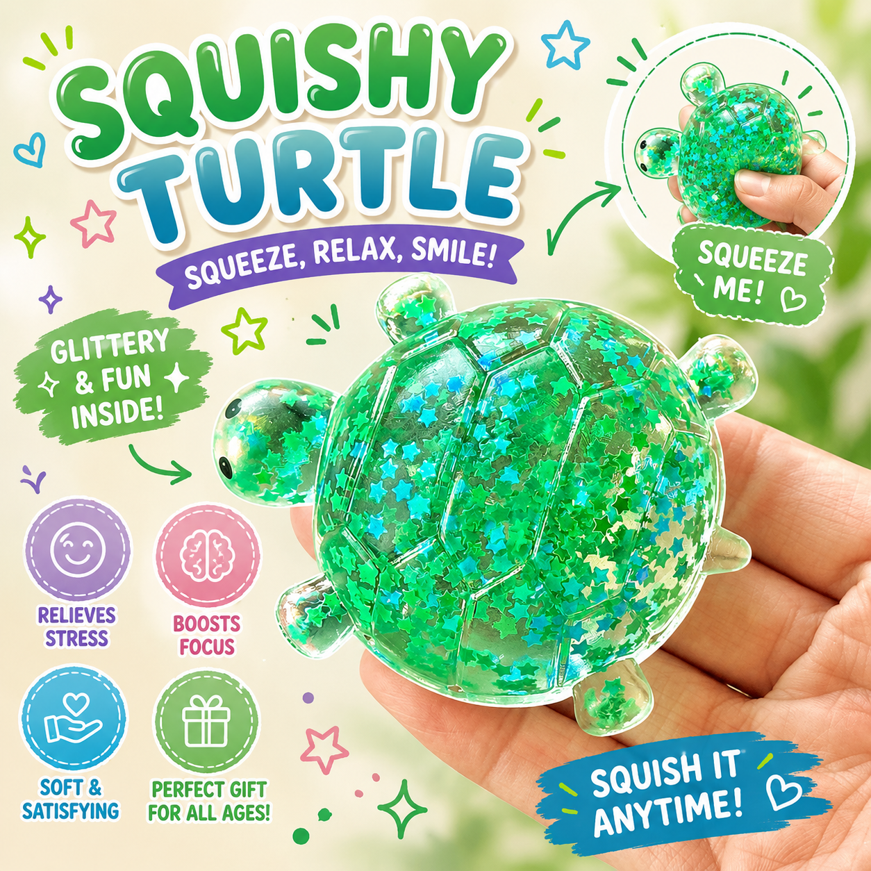 Glitter Turtle Squishies - Soft Stress Relief Squeeze Balls - Colorful - 2 Pack - for Office - Party & Birthday Nirvana Guru